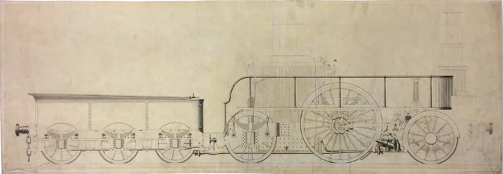 Konstruktionszeichnung einer experimentellen Kondensationslokomotive, vor 1848